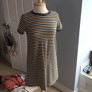 Yellow grey and white striped casual t-shirt dress